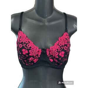 Vintage Victorias Secret Bra Womens 38DUnderwire Black pink Satin Floral